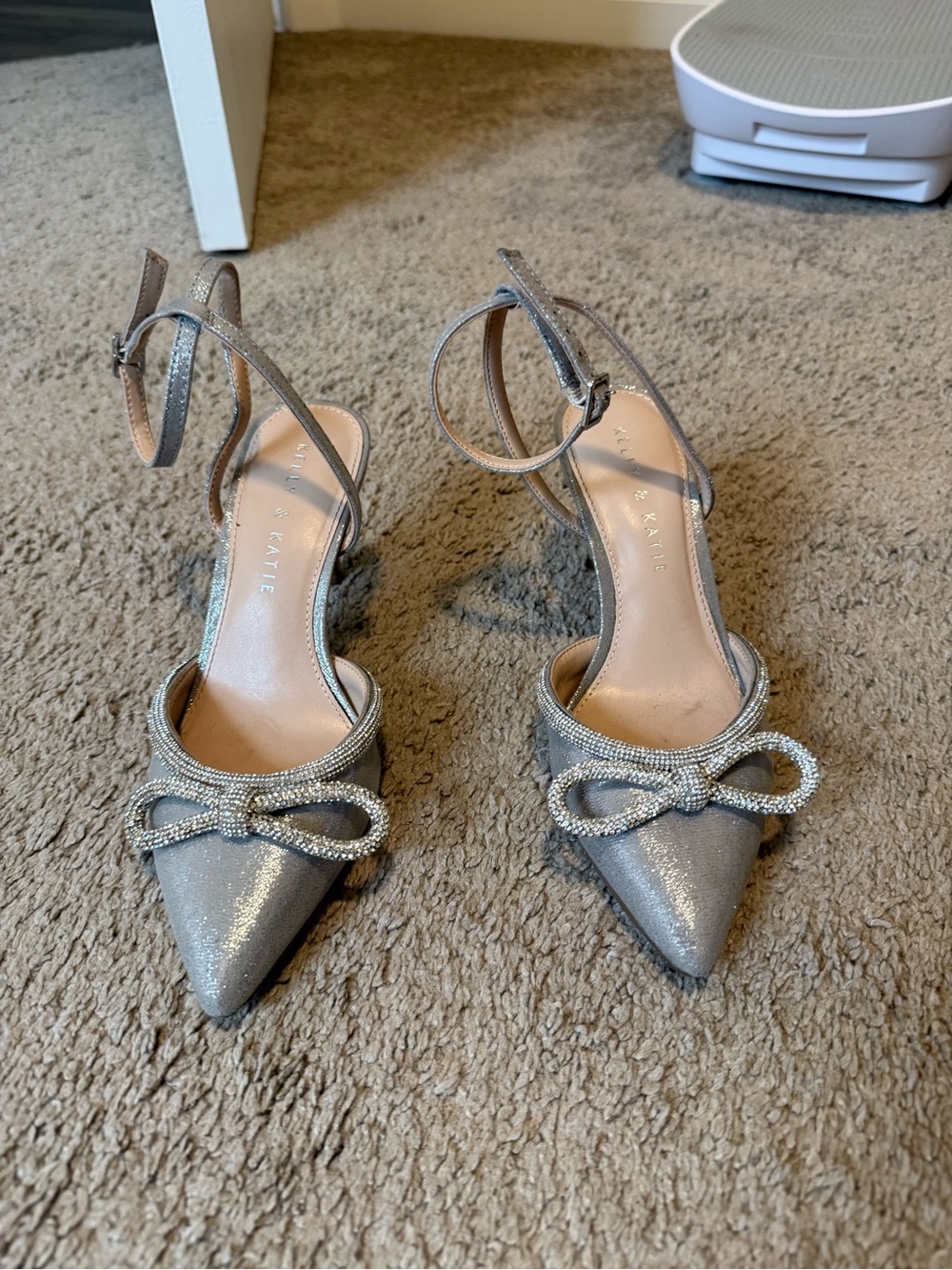 Kelly & Katie Silver Pointed-Toe Ankle Strap Heels with Crystal Bow